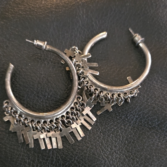 Dolls Kill Silver Hoop Earrings with Cross Charms - Picture 5 of 6